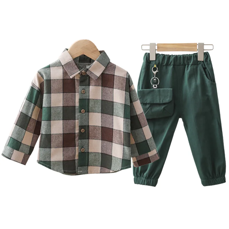 Conjuntos de ropa de algod&oacute;n para ni&ntilde;os peque&ntilde;os, camisa de solapa a cuadros + Pantalones, conjunto de ropa para primavera y oto&ntilde;o, 2 piezas-0