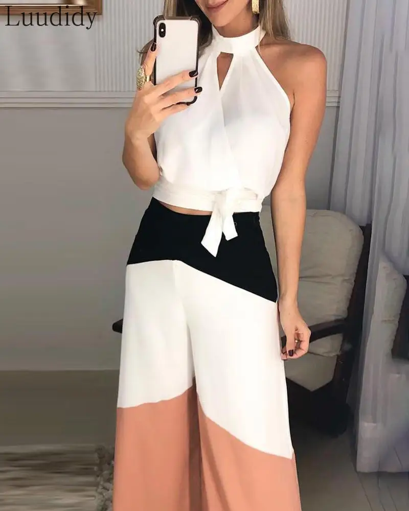 

Women Knotted Cutout Front Top & Colorblock Pant Sets