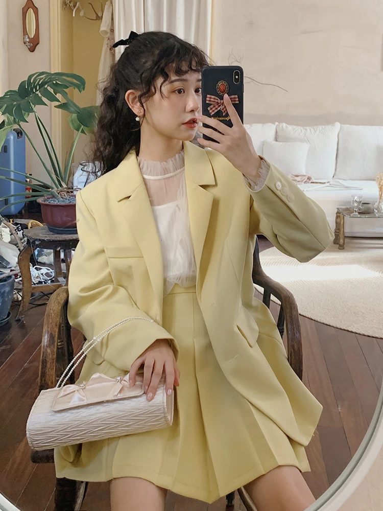 

Women 2 Piece Set Yellow Mori Girl Blazer Set Preppy Style Solid Color Two Buttons Coat + Short Pleatd Skirt New 2pcs Set Autumn