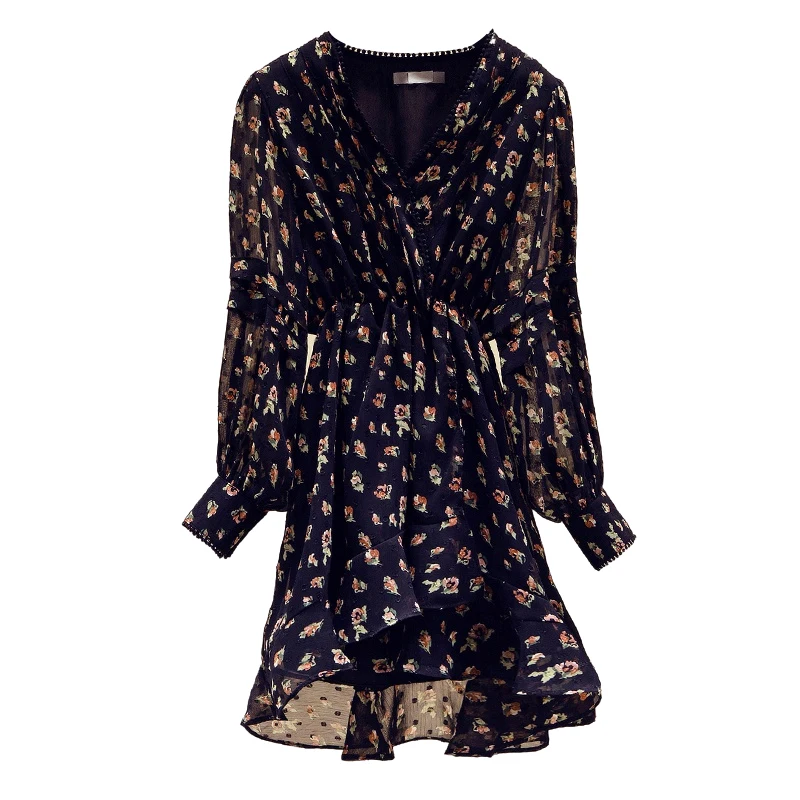 

COIGARSAM Patchwork Women dress New Spring Full Sleeve Chiffon Lace Floral Print High Waist Dresses Black Apricot 773