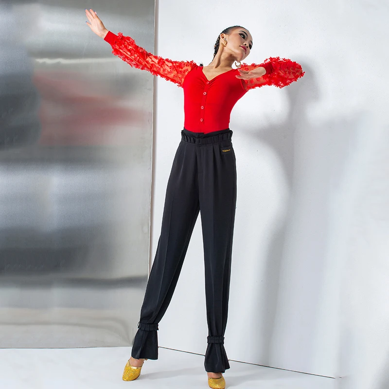 Новые Топы для бальных танцев с рукавами-фонариками и цветами боди V-образным