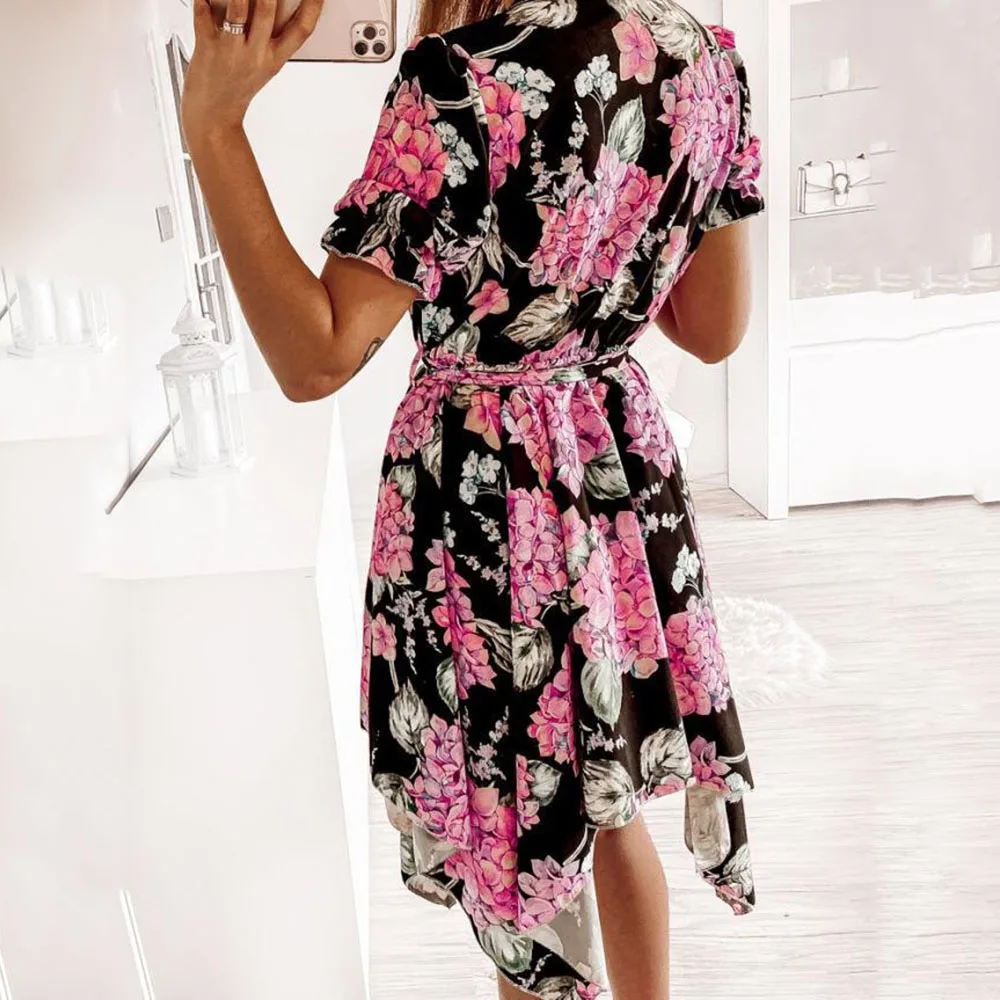 

Summer For Women's Dresses Fashion Printed V Neck Buttons Casual Loose Lace Up Waist Short Sleeve Irregular Ladies Dresses 2021