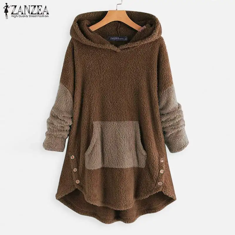 

ZANZEA Women Hoodies Sweatshirt Winter Long Sleeve h Fluffy Jumper Pull Femme Autumn Hooded Fleece Pullover Blusas