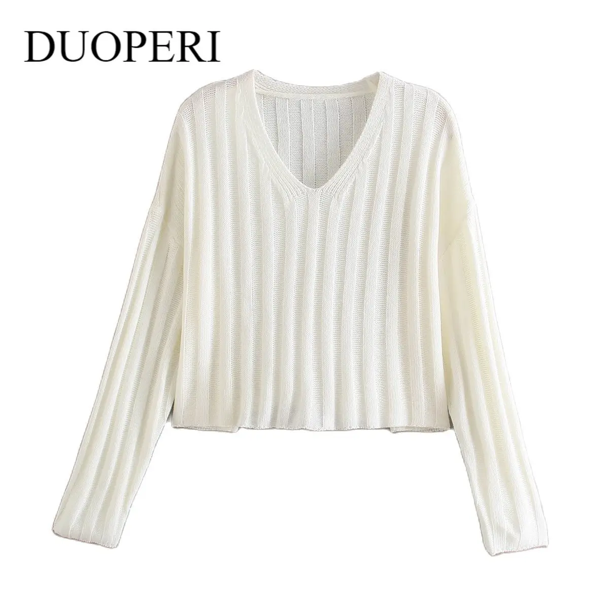 

DUOPERI Women Fashion Textured Cropped Knit Sweater Long sleeves V-Neck Knitwear Casual Knitwear Sweaters Pullover Female Tops