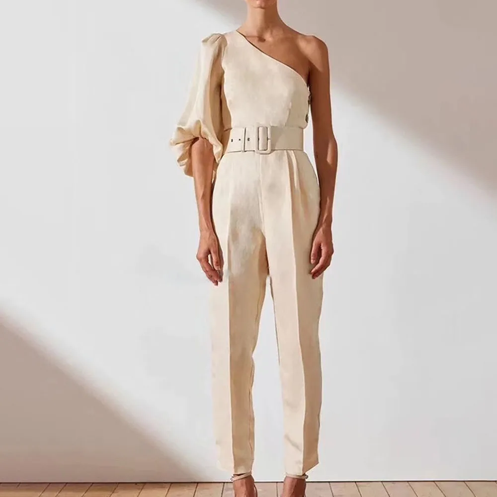 Дизайнерский сексуальный Летний комбинезон на одно плечо с пышными рукавами