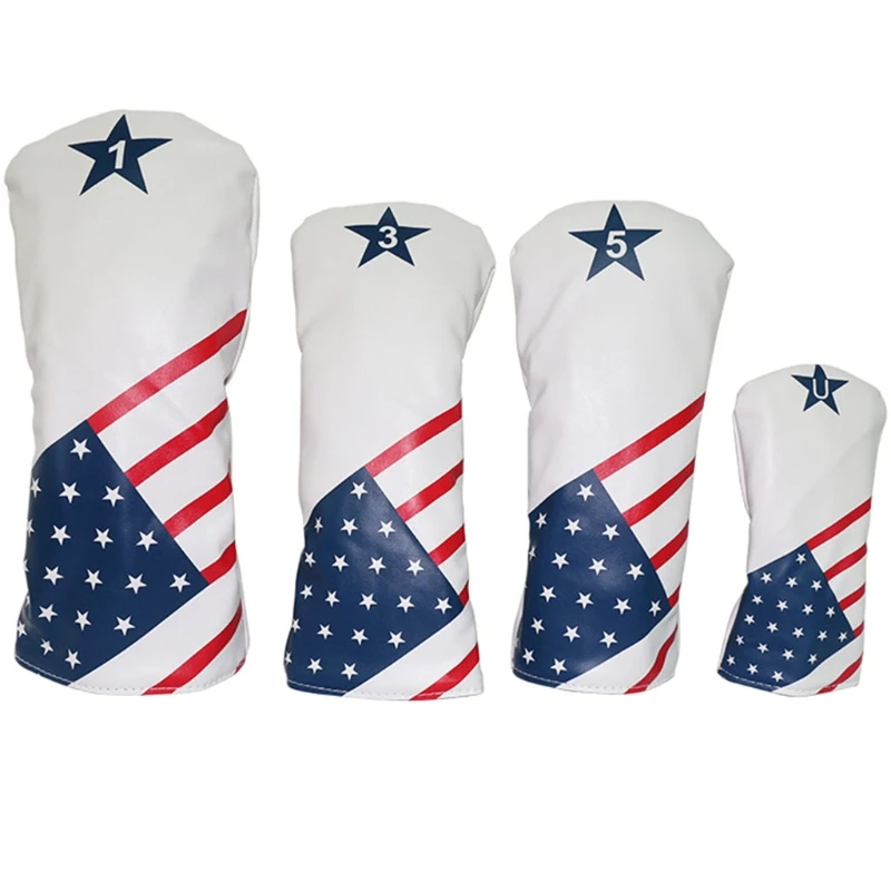 

4 Pcs Retro American Flag Pattern Golf Headcovers Tee Sets Vintage Leather Style Drivers Fairway and Hybrid Head Classic
