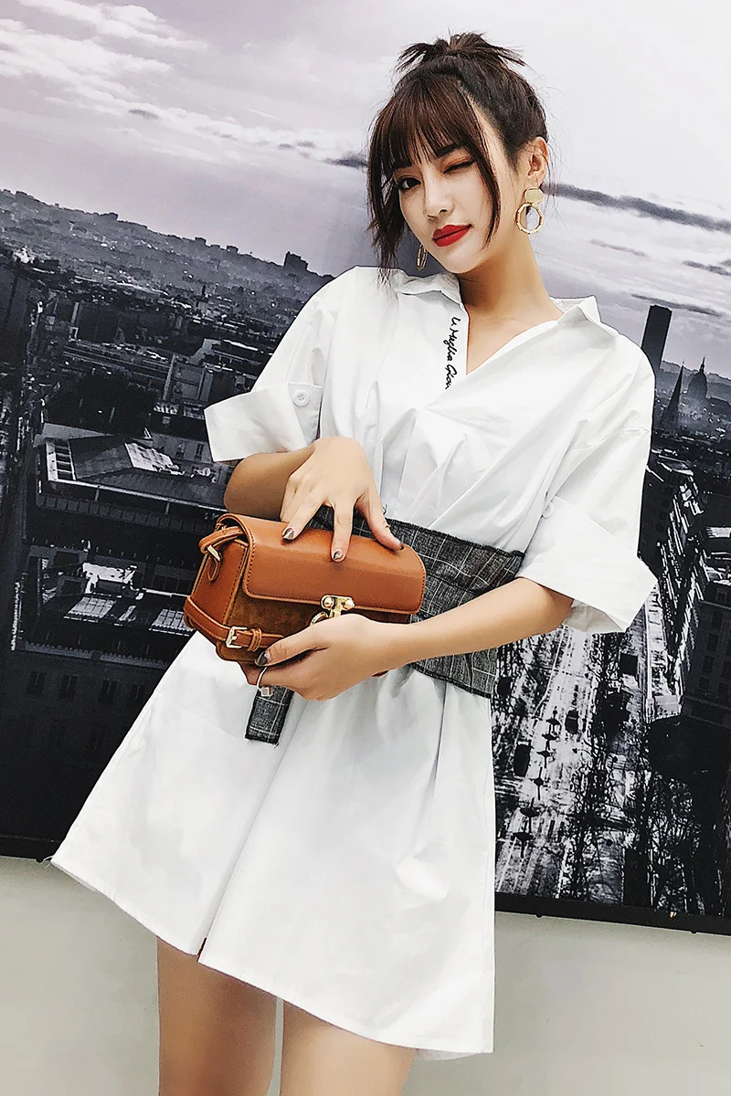 

COIGARSAM Half Sleeve Women dress Spring Solid Stand Neck Dresses White 6238