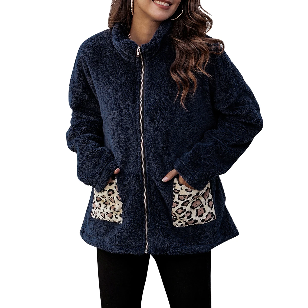 

Women coat Faux Shearling Jacket Lapel Fleece Fuzzy Shaggy Zipper Up Coat with Leopard print Pockets decoration keep warm tops