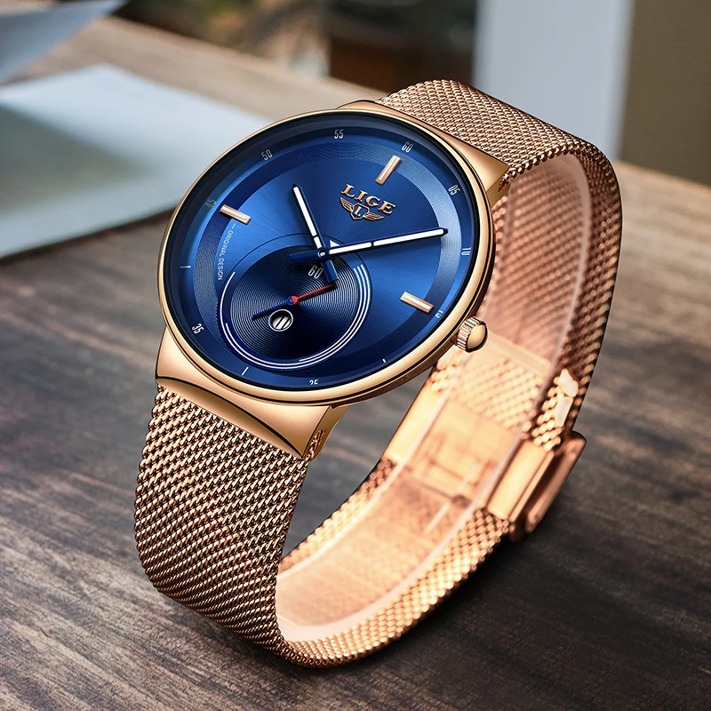 LIGE наручные часы для женщин роскошные женские из розового золота кварцевые