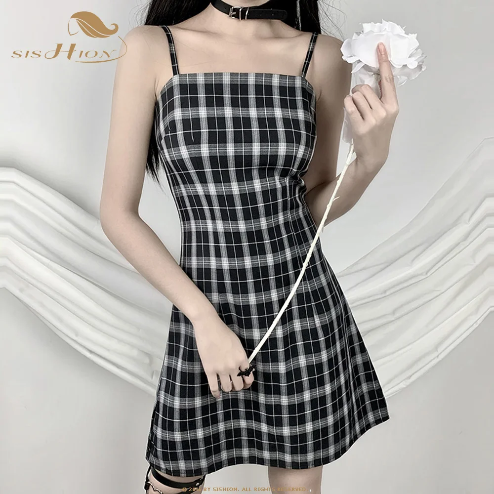 

Женское клетчатое мини-платье, повседневное облегающее платье на бретелях-спагетти в стиле панк, черные летние платья без рукавов VD2185
