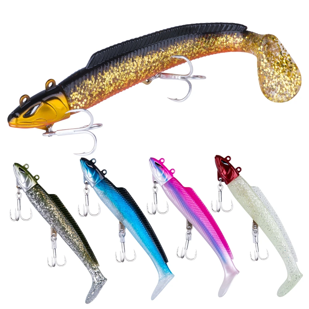 

Goture 5pcs Fishing Lure Swimbait Black Minnow Lead Jig Head Soft Rubber Tail Wobbler Fishing Lure 105mm 21g/115mm 28g