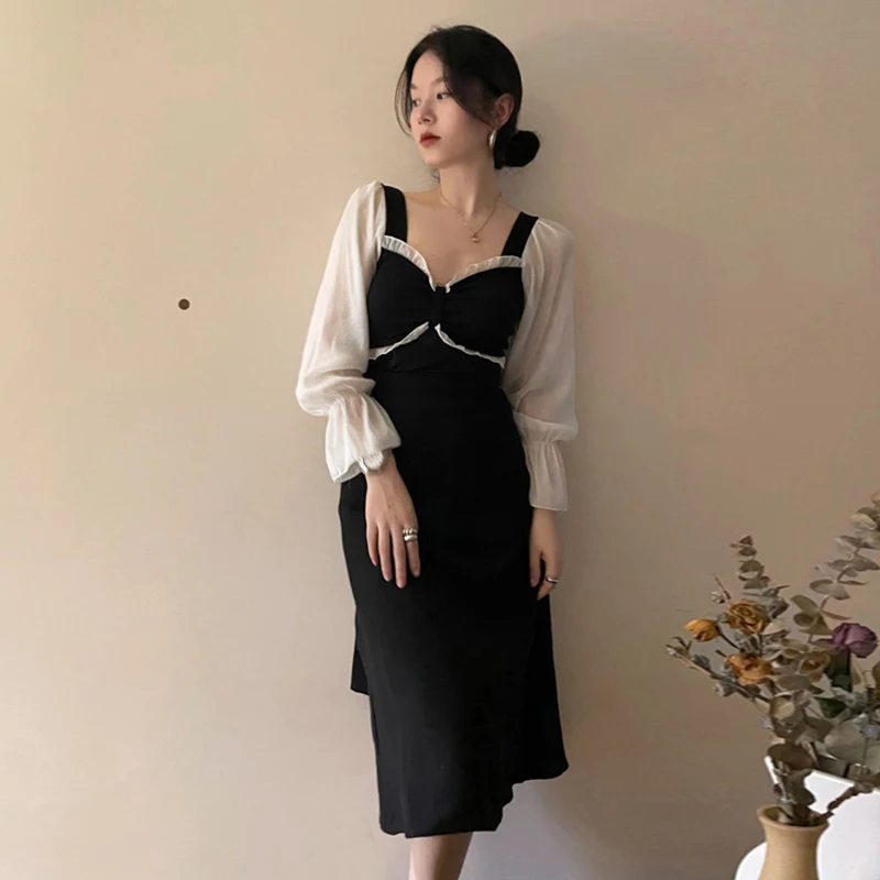 

Черное женское платье в винтажном стиле с квадратным вырезом и расклешенными рукавами, демисезонные платья-трапеции, модная женская одежда...