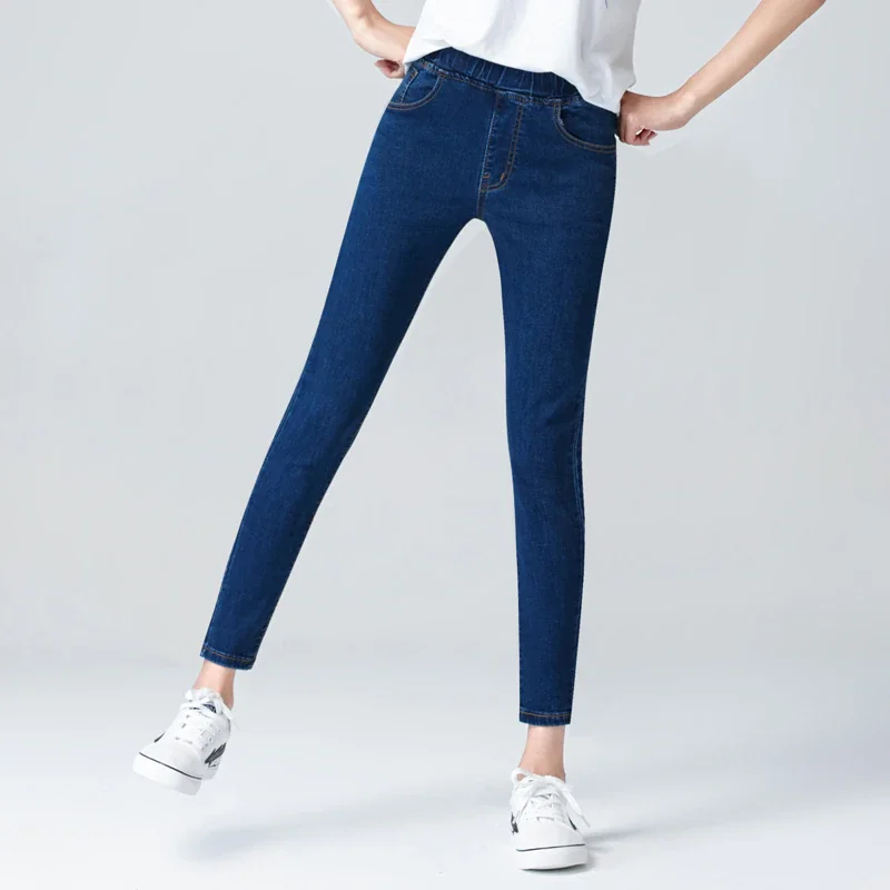 

Женские эластичные узкие джинсы с завышенной талией, модель 5XL 6XL, модные женские черные и синие джинсы с карманами, узкие эластичные джинсов...