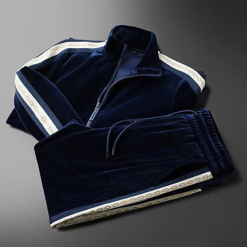 

New autumn and winter men's long-sleeved slim-fitting embroidery flower sweater sweatpants zipper suit casual two-piece suit