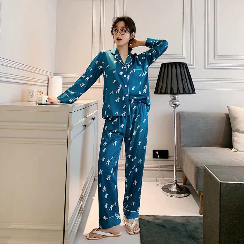 Женская синяя атласная пижама Повседневная рубашка с отложным воротником и