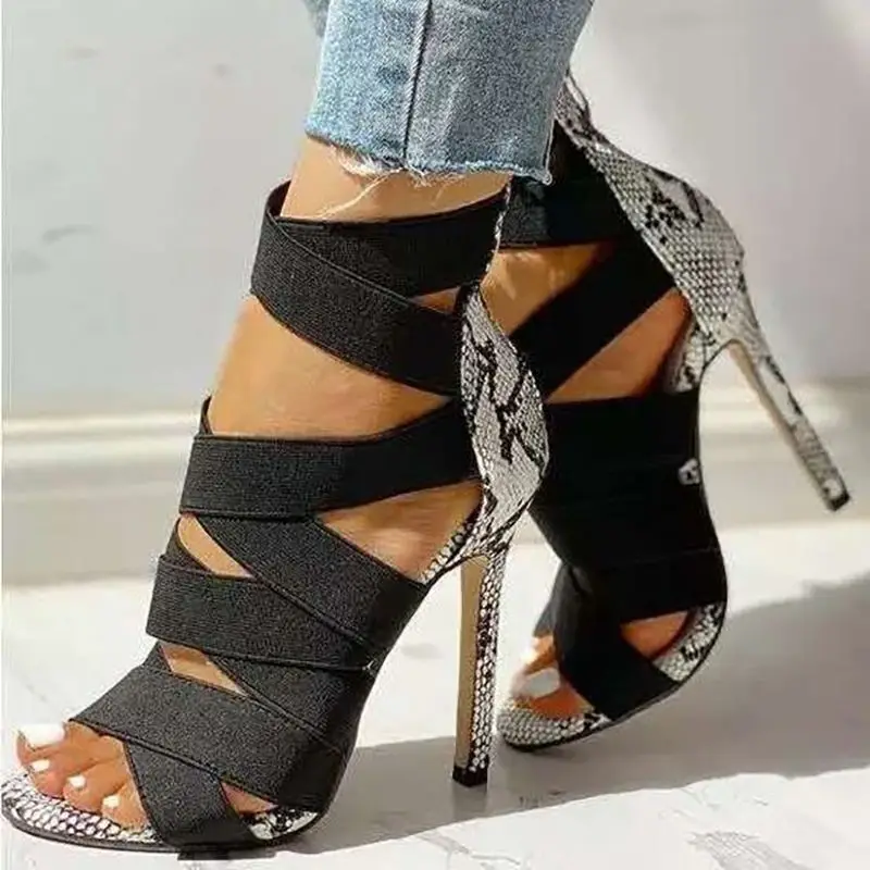 

Snake Summer Shoes Woman Pumps High Thin Heels Pointed Toe Rhinestone Gladiator Pumps Party Sexy Shoes Prom Shoes
