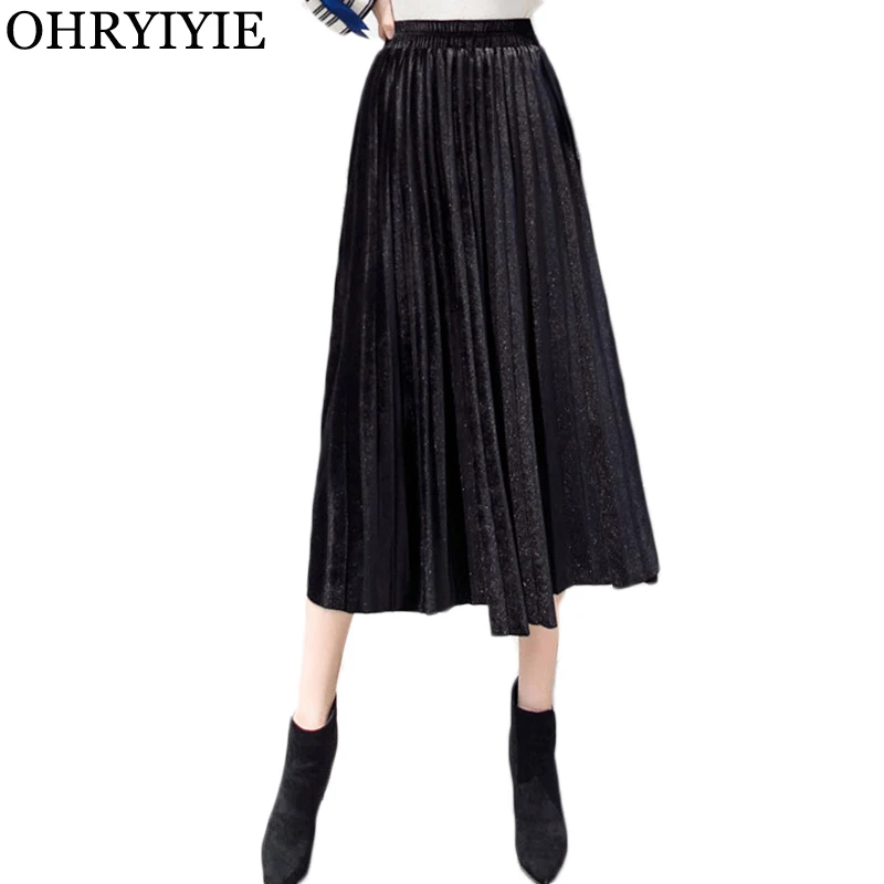 Женская плиссированная юбка OHRYIYIE винтажная черная длинная миди с высокой талией
