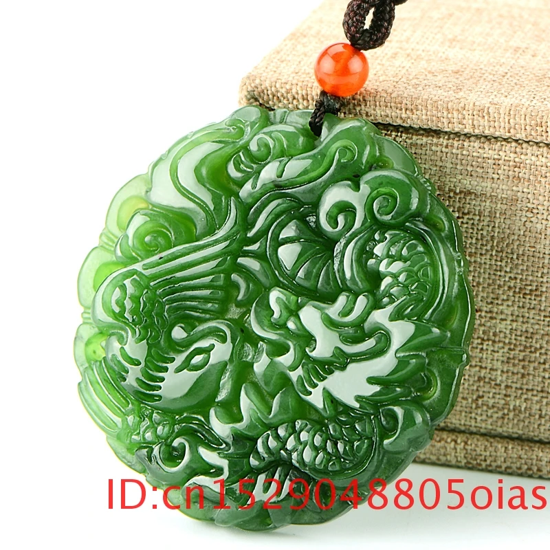 Натуральный зеленый китайский гетанский нефрит Дракон Феникс кулон ожерелье