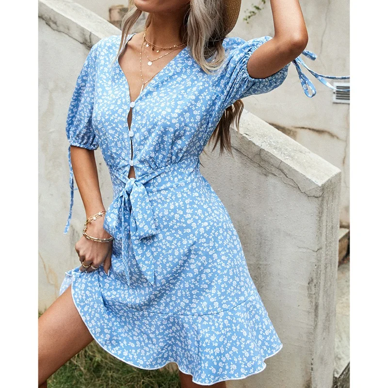 

Women's Fresh and Sweet V-Neck Bowknot Floral Dress Blue
