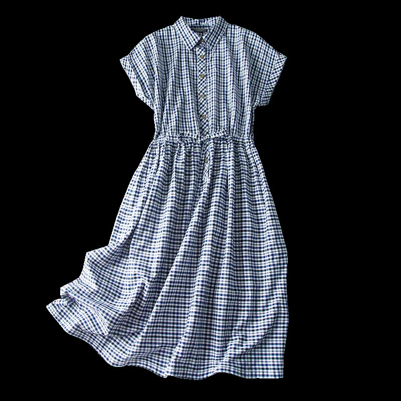 

New wind 2020 summer wear short sleeved blue and white squares in flanging with long silk dress shirt