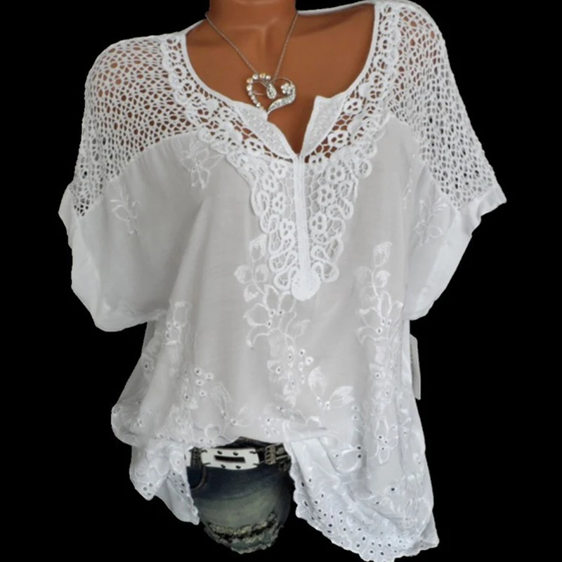 

Женская кружевная рубашка в европейском и американском стиле с V-образным вырезом и короткими рукавами