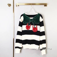 high end branded fashion women clothes long sleeve bow stripe cherry blouse sweatshirt hoodies woman loose pullover sweatshirts