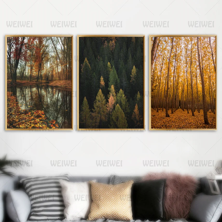 

Mysterious Forest Canvas Painting Forest Fallen Leaves Poster Mountain Peak Natural Scenery Wall Picture for Living Room Prints