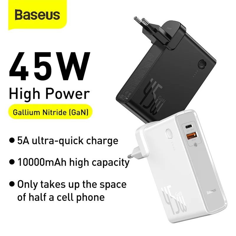 baseus gan power bank usb charger 10000mah powerbank for xiaomi 45w pd fast charging 2 in 1 battery for iphone qc 4 0 power bank free global shipping