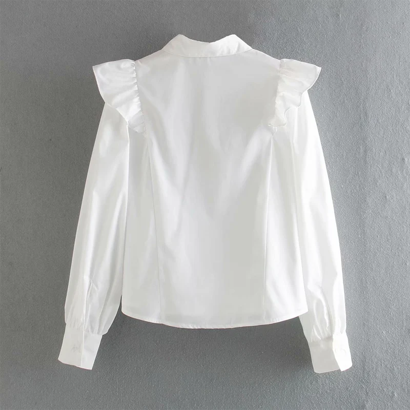 

Spring and summer women's shirt casual solid color lapel long-sleeved ruffled decorative shirt