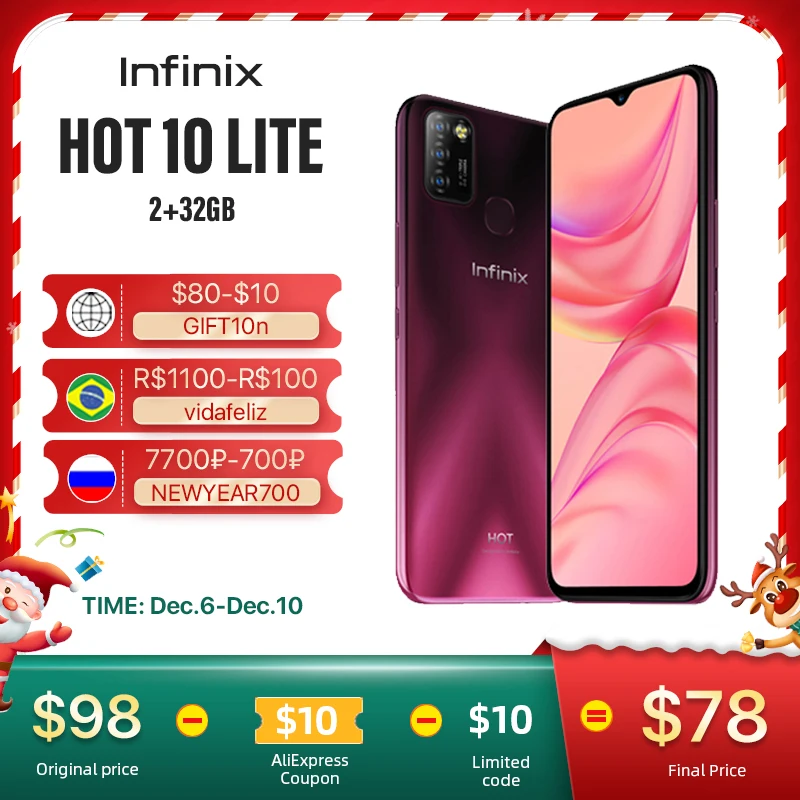 

Infinix Hot 10Lite 2GB+32GB Smartphone 6.6" HD Waterdrop Sunlight Display 5000 mAh 13MP Triple Camera DTS Audio Processing