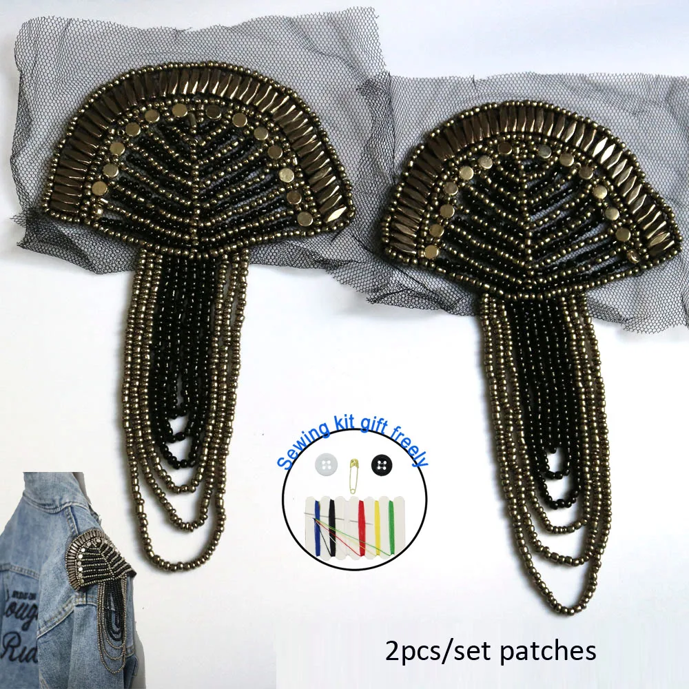 

2pcs/set black tassel Beaded epaulette for clothes Punk Coat Suit DIY Fashion Tassel Badge Epaulets Shoulder Patches appliques