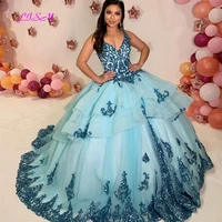 v neck quinceanera dress tiered ruffles applique sequined beaded princess party prom dress sweet 15 pageant ball gown sleeveless