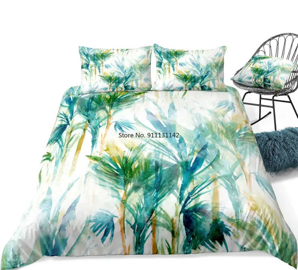 

Trees Bedding Set Duvet Cover Set Palm Trees Home Textiles Tropic Plants Bedclothes Water Color Bed Linen Green White Bed Set