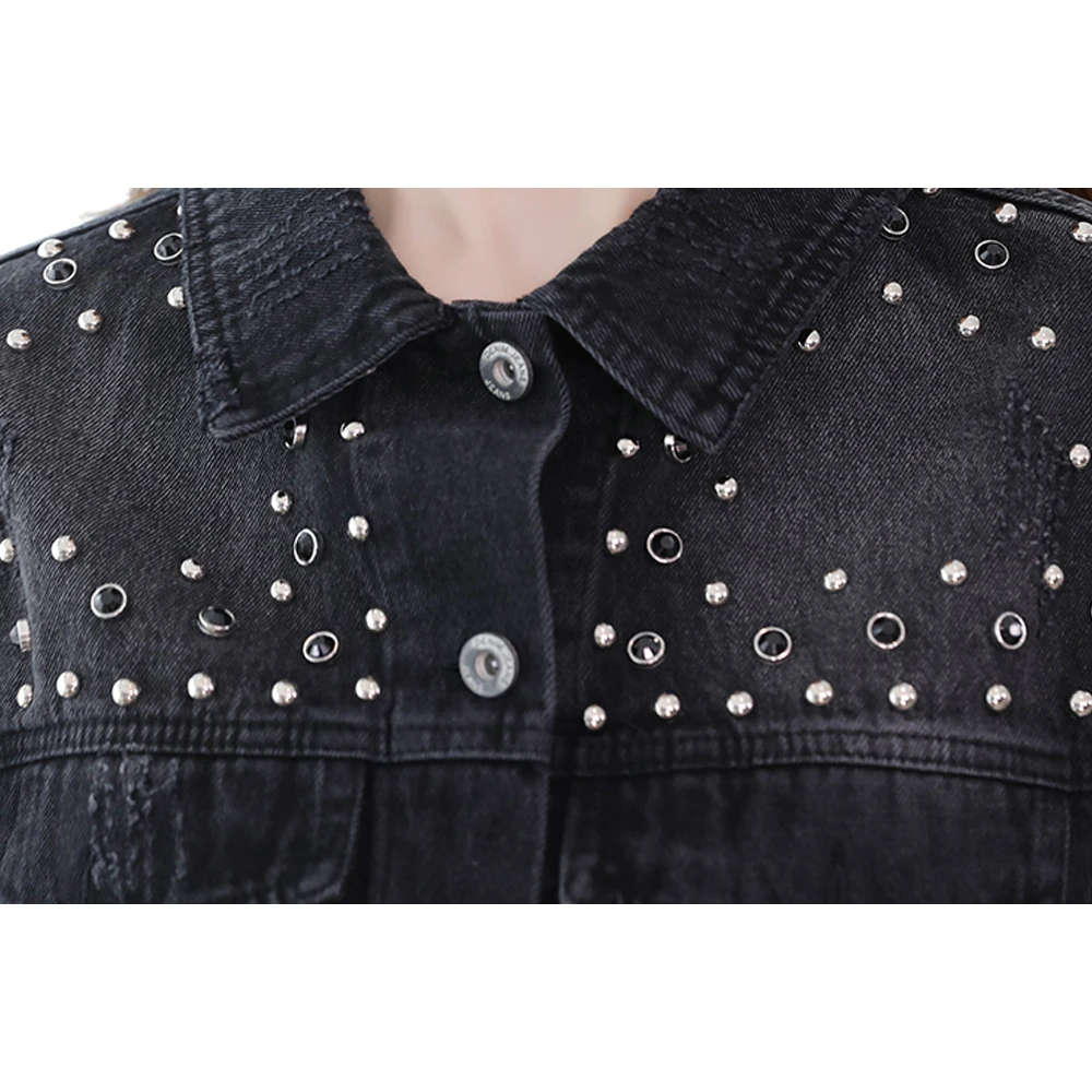 

Black Pearl Beading Short Denim Jackets Casual Women Washed Long Sleeve Vintage Jean Jacket Bomber Fashion Denim Coat