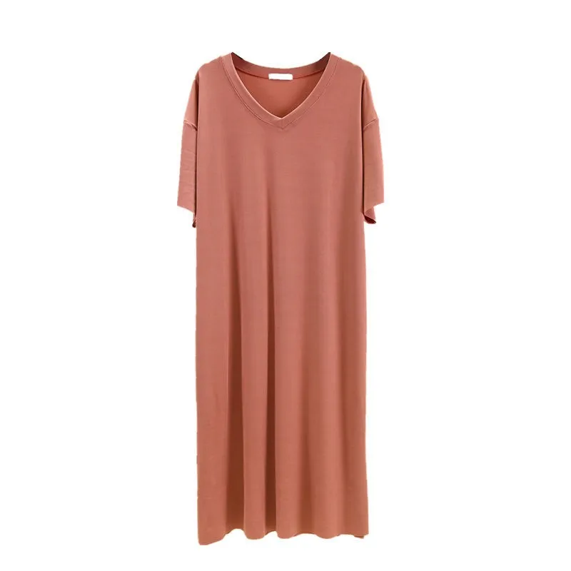 

Lady Nightgown Lounge Nightwear Loose Sleepshirts Modal Sleepwear Casual Home Dress V-neck Nightdress Long Lingerie Summer Robe