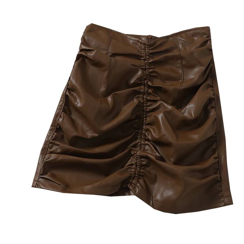 

Fitaylor Spring Autumn New Women Fashion Solid Color Folds A-line Pu Leather Skirts Casual Slim High Waist Zipper Mini Skirts