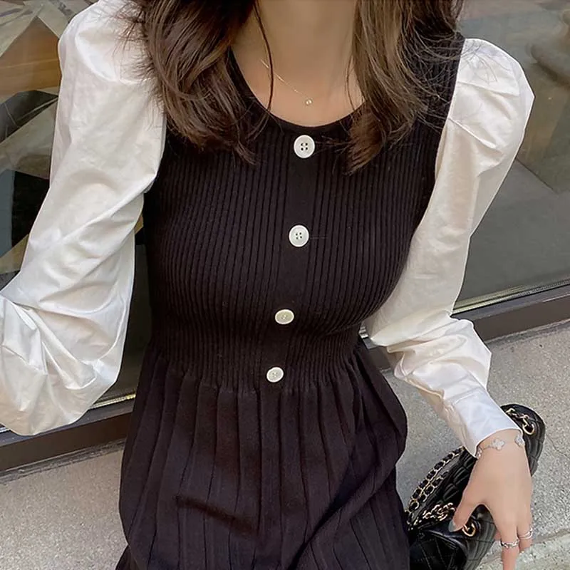 

One-Piece Woman Pleated Dress Korean Long Sleeve Knitted Sweater Dresses 2020 Women Spring Autumn Women Sweater Knitt Dress Lady