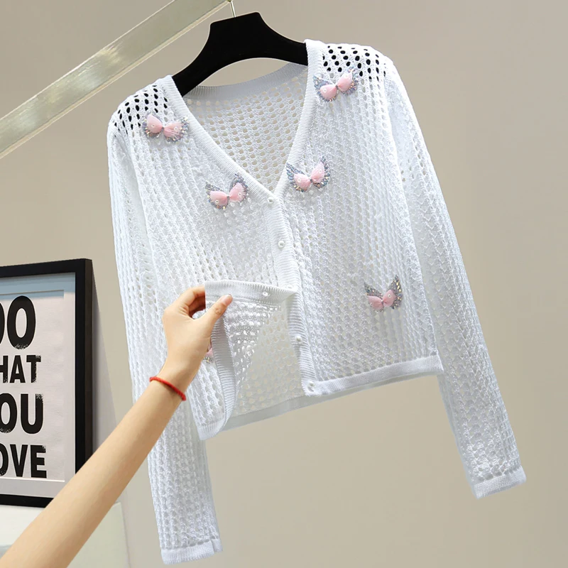 

Sweet Sequin Beaded Bowknot Cardigan Coat 2021 Summer Fall Slim Short Casual Sweater Girls Thin Knitted Cardigans Women Sweaters