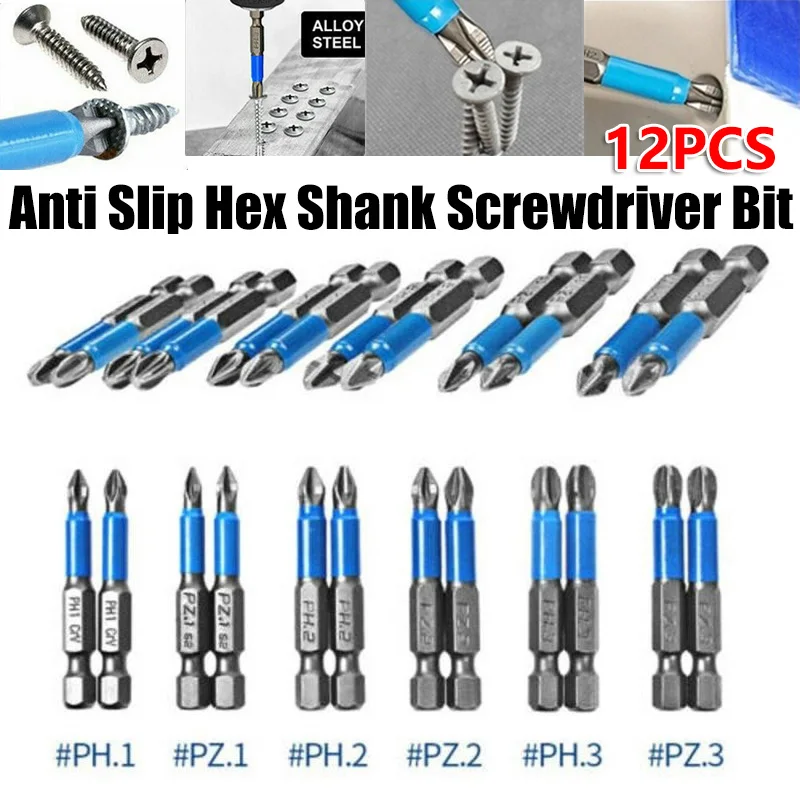 12pcs/set Magnetic Anti Slip Hex Shank Screwdriver Bit Set PH1 PH2 PH3 PZ1 PZ2 PZ3 Impact Drill