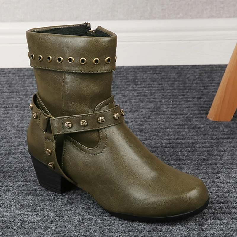 

Women Ankle Boots Women's Fashion Rivet Shoes Women Leather Buckle Strap Ladies Chunky Heels Female Punk Rome Boots