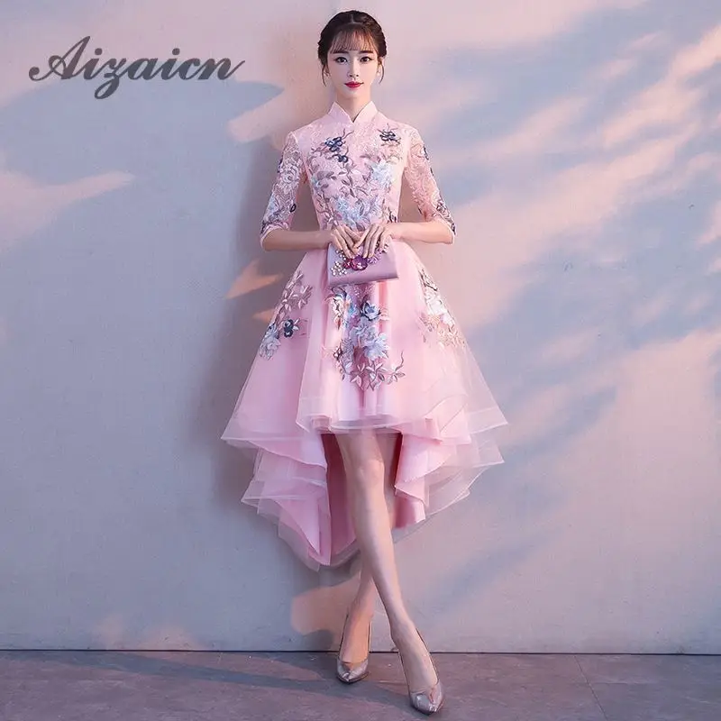 

Irregular Chinese Evening Dress Elegant Summer Women Pink Princess Cheongsam Lace Embroidery Bride Chinese Wedding Qipao Dresses