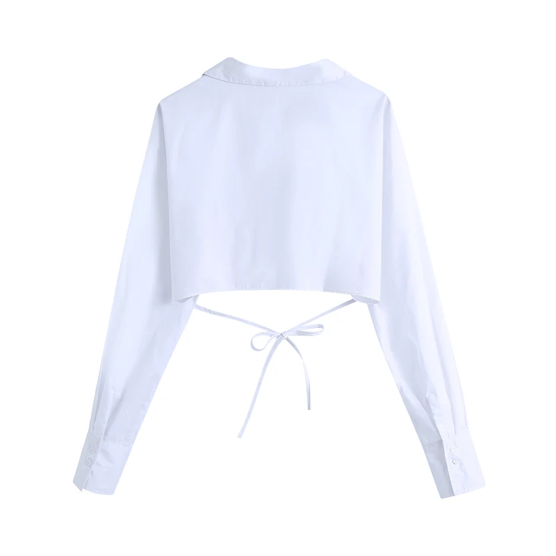 

Summer women's casual solid color V-neck long-sleeved bow-knot decorated short shirt