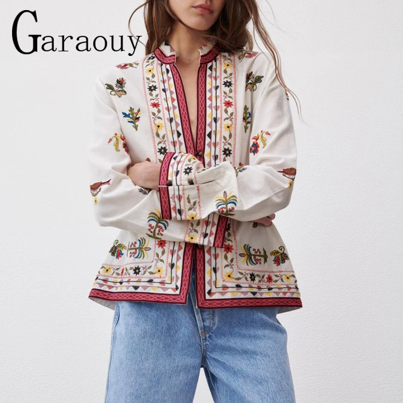 

Новинка 2021, женская одежда Garaouy на весну и осень, рубашка в этническом стиле с вышивкой тяжелой промышленности, льняной кардиган с воротнико...
