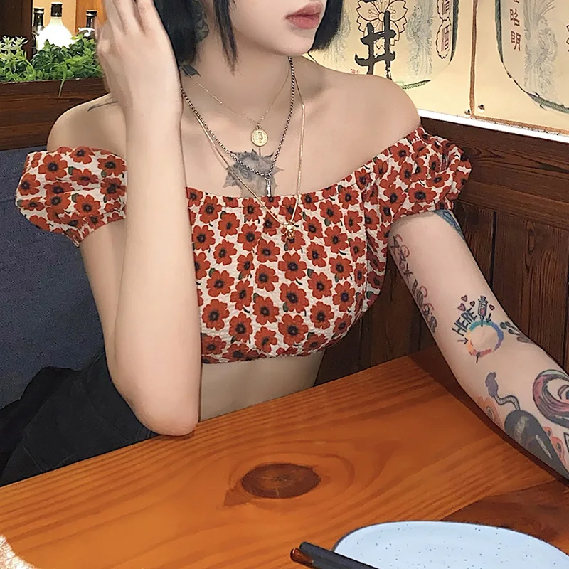 

Casual Corset Summer U-Neck T-Shirt Street Slim Printing Floral Plaid Sexy Navel Puff Sleeve Crop Top Fashion Women Streetwear