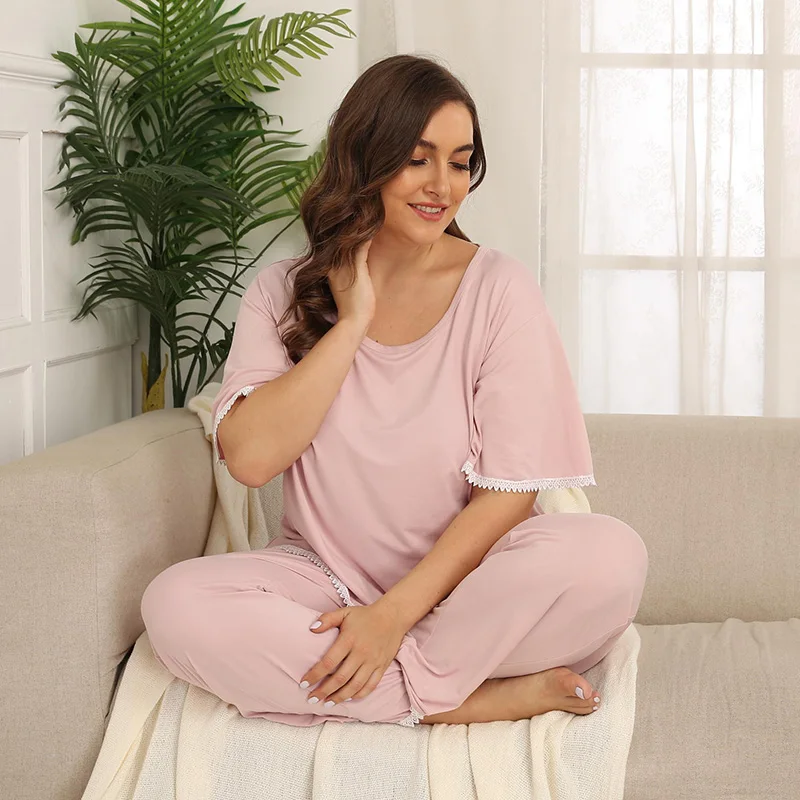 Wipalo Summer Women Plus Size Lace Trim Pink Sweet Casual Sleepwear Sleep Shirt +Pants Set Loose O-Neck Short Sleeve Pajama Sets | Женская