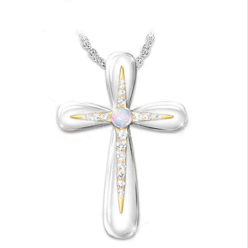 

Simple Light Luxury Wild Party Prom Jewelry Pendant Cute Opal Cross Necklace Women's Valentine's Day Gift Wholesale