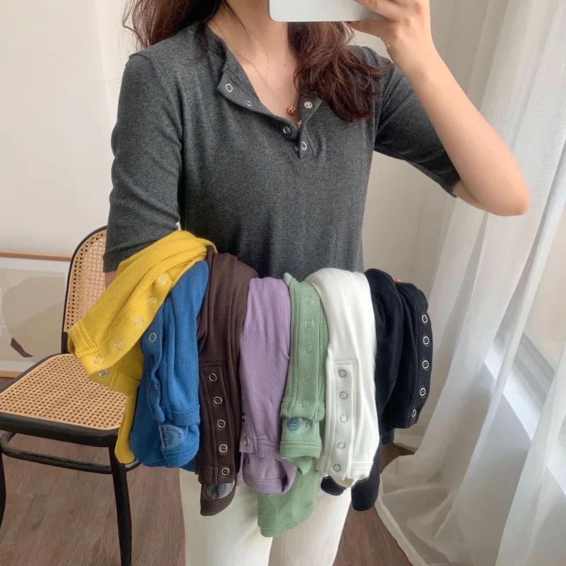 

Button V Neck Sweater Women Spring AutumnSolid Knitted Pullover Women Soft Jumper Sweater Female Knit Casual Half Sleeve Tops