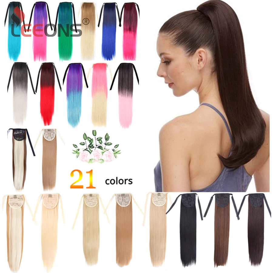 Leeons 21&quotStraight Synthetic Clip In Drawstring Ponytail Hairpieces For Women Heat Resistant Wrap Around Pony Tail Extensions | Шиньоны и