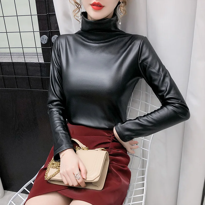 

Autumn and winter new high collar long sleeve Pu with T-shirt for slim plush warm top