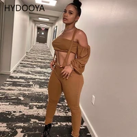 fashionable off shoulder two piece sets full lantern sleeve crop top and suspender one piece jumpsuits ruched bodycon tracksuits